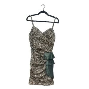 NWT Nicole Bakti Cocktail Dress Iridescent Sash Leopard Print Ruched Size S